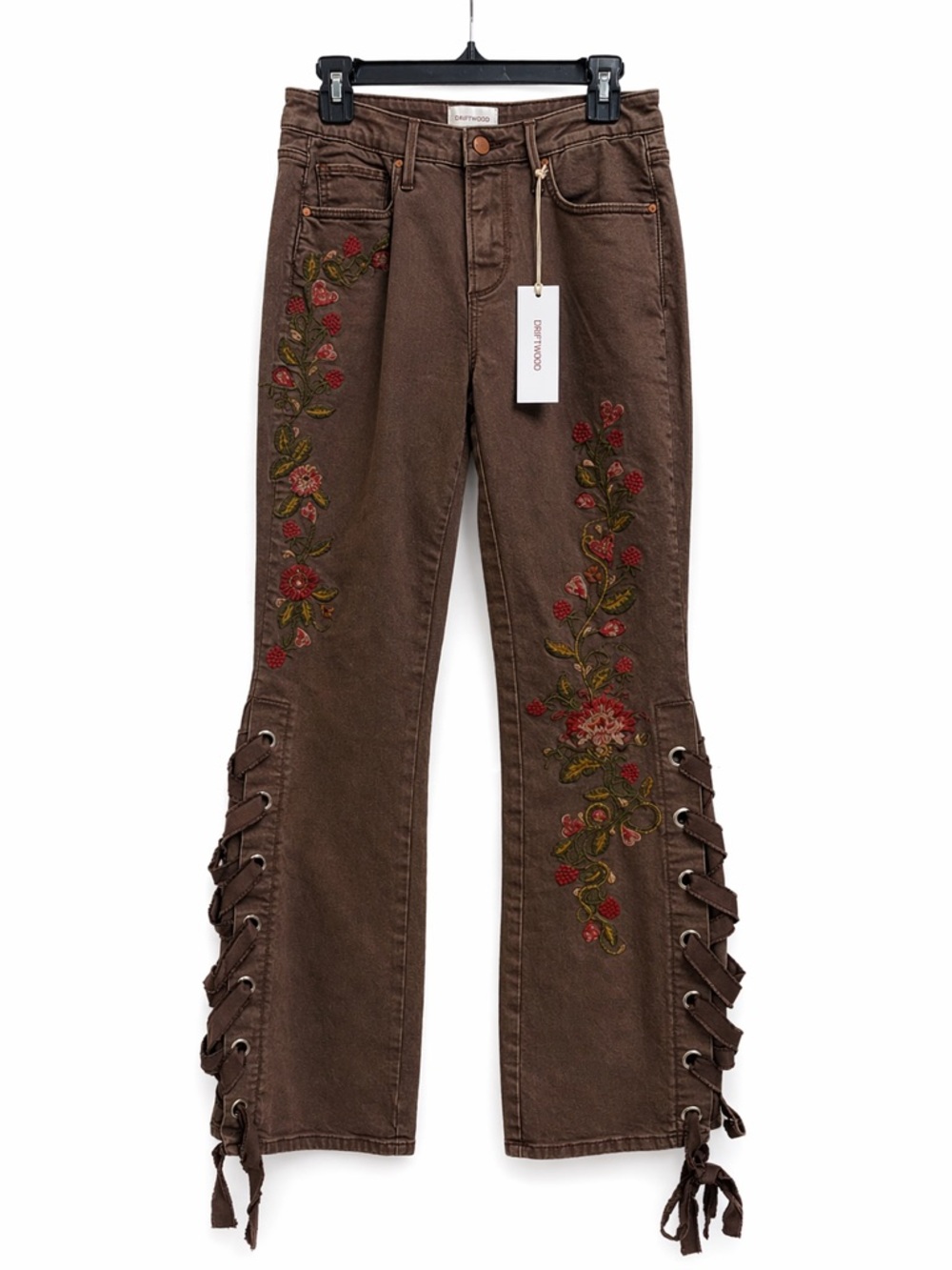 Driftwood Brown Embroidered Lace-Up Flare Jeans size 26 - Picture 3 of 6